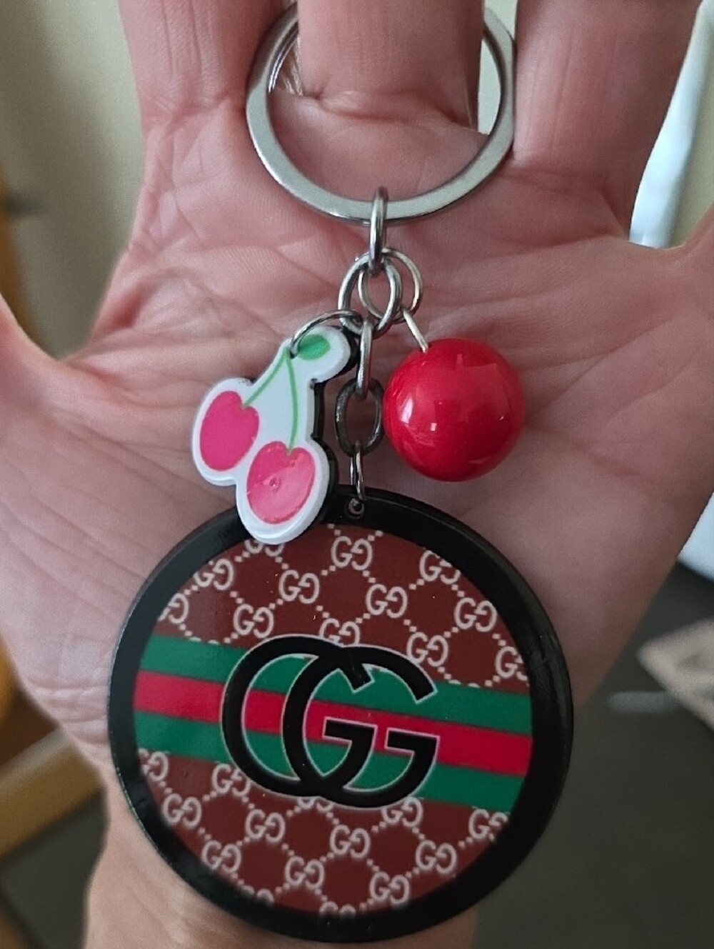 Designer-Style Cherry Logo Keychain - Red, Green & Pink
